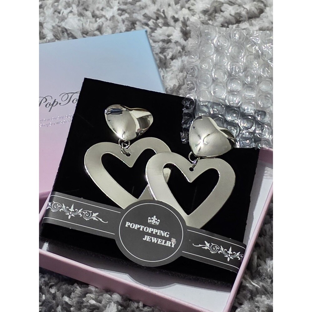 NEW PopTopping Silver Open Heart Statement Earrings Y2K Coquette Aesthetic Gift
